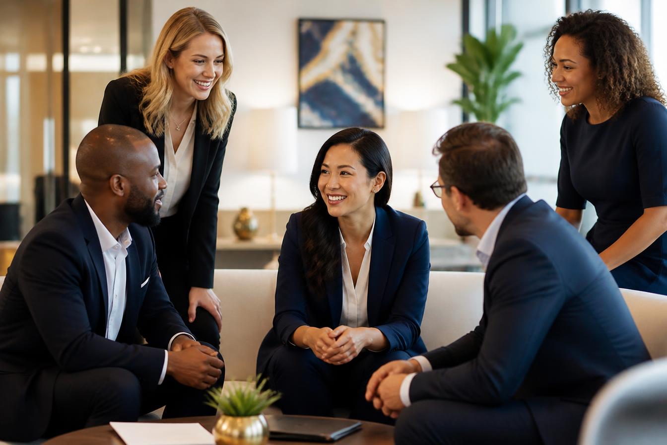 Professional insurance sales team collaborating in a modern office
